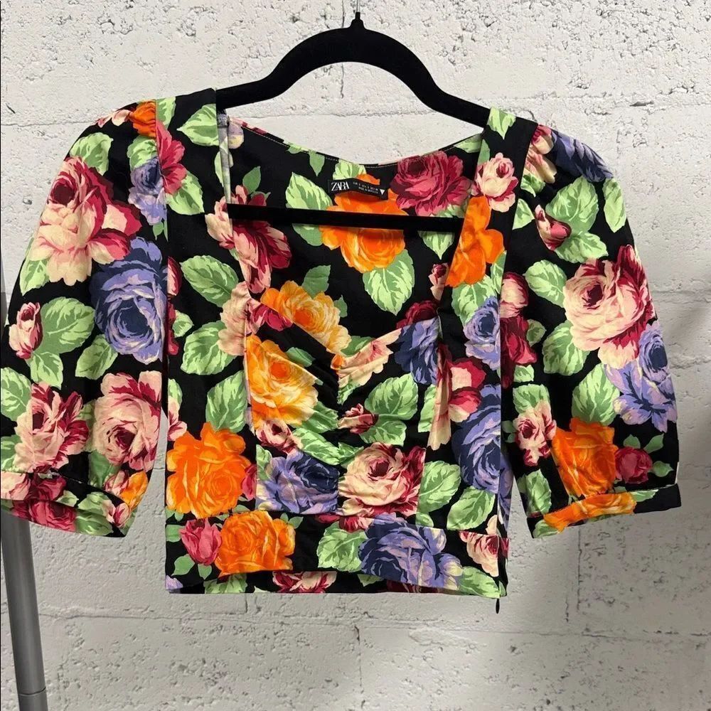 Zara Women's Floral Blouse - Black, Green, Orange, Purple - Crop Top NEW - Small